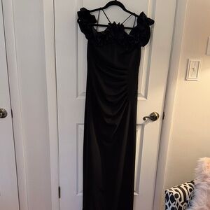 Xscape Black Maxi Dress with Ruffled Off-Shoulder Detail